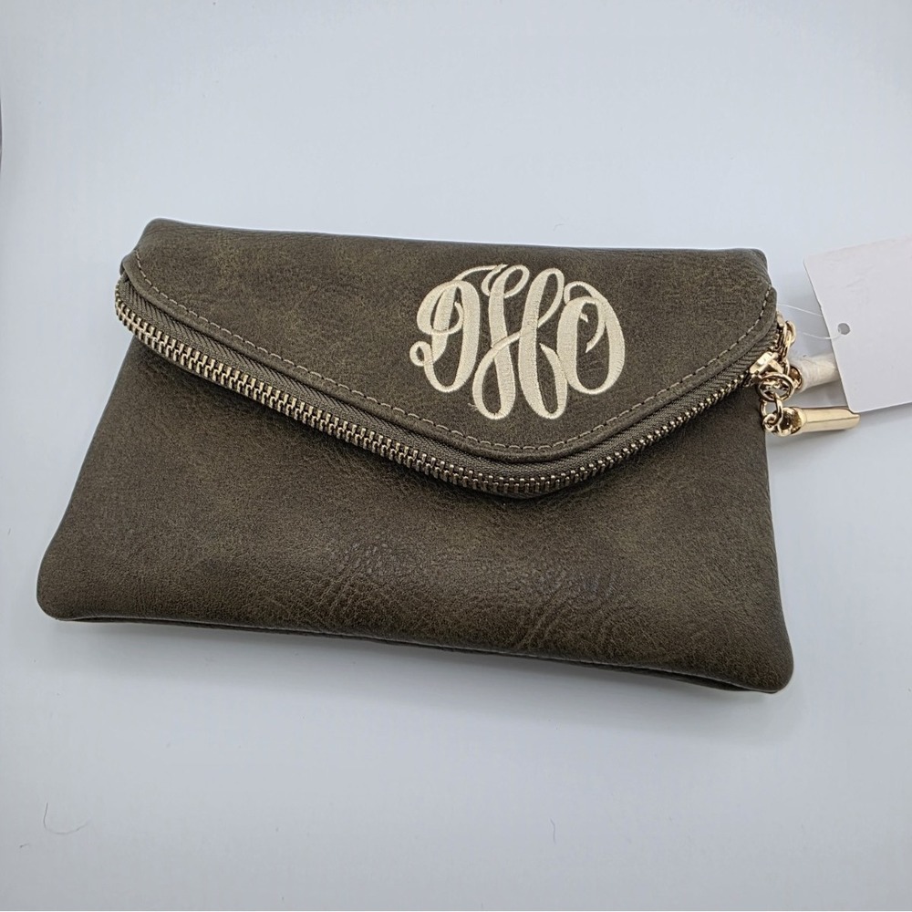 Women's Brown Monogram Zip Clutch Wristlet with Gold-Tone Chain Strap, Lined